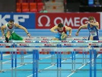 European Indoor Championships 2013. Göteborg, SWE. 1 March. 60 m hurdles. Heats. Balázs Baji, HUN, Konstantin Shabanov, Andres Raja, EST 