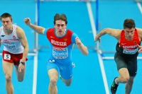 European Indoor Championships 2013. Göteborg, SWE. 1 March. 60 m hurdles. Semifinals. Dominik Bochenek, POL, Sergey Shubenkov, RUS, Erik Balnuweit, GER