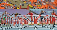 IAAF World Championships 2013, Moscow. 110 Meters Hurdles Men. Balazs Baji, HUN, Ryan Brathwaite, BAR, Aries Merritt, USA, Thomas Martinot-Lagarde, FRA, Jason Richardson, USA