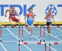 IAAF World Championships 2013, Moscow. 400 Metres Hurdles. Timofey Chalyi, RUS, Sebastian Rodger, GBR, Emir Bekric, SRB