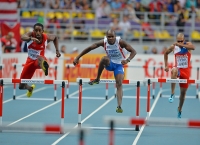 IAAF World Championships 2013, Moscow. 400 Metres Hurdles Men  Final. Jehue Gordon, TRI, Omar Cisneros, CUB, Felix Sanchez, DOM