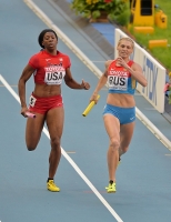 IAAF World Championships 2013, Moscow. 4x400 Metres Relay Women. Antonina Krivoshapka, RUS and Francena Mccorory, USA