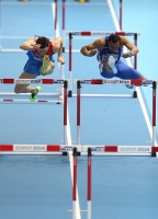 World Indoor Championships 2014, Sopot. Day 3. 60 Metres Hurdles - men. Semi-Final. Konstantin Shabanov, RUS, Konstadínos Douvalídis, GRE