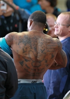 TATTOO SPORT. David OLIVER, USA. On a back of a tattoo of pigeons, also there is a tattoo a bull, a cross, etc.