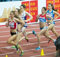 Prague 2015 European Athletics Indoor Championships. 3000m Women Final. Sviatlana KUDZELICH, BLR, Yelena KOROBKINA, RUS, Giulia VIOLA, ITA