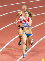 Prague 2015 European Athletics Indoor Championships. 3000m Women Final. Sviatlana KUDZELICH, BLR, Yelena KOROBKINA, RUS
