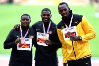 Usain Bolt. 100 Meters Bronze Medallist World Championships 2017, London. With 100 Metres World Champion Justin Gatlin, USA and Silver Medallist Christian COLEMAN, USA