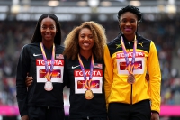 IAAF WORLD CHAMPIONSHIPS LONDON 2017. 400m Hurdles. Winner is Kori CARTER, USA. Silver is Dalilah MUHAMMAD, USA. Bronze is Ristananna TRACEY, JAM