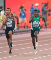IAAF WORLD ATHLETICS CHAMPIONSHIPS, DOHA 2019. Day 2. 100m. Semi-Final. Raymond EKEVWO, NGR, Andre DE GRASSE, CAN