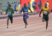 IAAF WORLD ATHLETICS CHAMPIONSHIPS, DOHA 2019. Day 2. 100m. Semi-Final. Justin GATLIN, USA, Raymond EKEVWO, NGR
