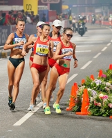 IAAF WORLD ATHLETICS CHAMPIONSHIPS, DOHA 2019. Day 3. 20 Kilometres Race Walk. Hong LIU, CHN, Shenjie QIEYANG, CHN, Liujing YANG, CHN