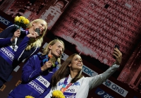 IAAF WORLD ATHLETICS CHAMPIONSHIPS, DOHA 2019. Day 4. Medal Ceremony. World Champion Anzhelika SIDOROVA, Silver — Sandi MORRIS, USA, Bronze — Katerina STEFANIDI, GRE