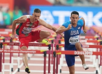 IAAF WORLD ATHLETICS CHAMPIONSHIPS, DOHA 2019. Day 4. 110 Metres Hurdles. Heats. Vitali PAROKHONKA, BLR, Devon ALLEN, USA