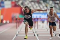 IAAF WORLD ATHLETICS CHAMPIONSHIPS, DOHA 2019. Day 6. 110 METRES HURDLES MEN. Final. Silver medallist is Sergey Shubekov
