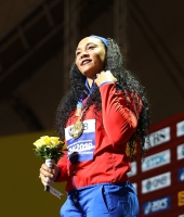 IAAF WORLD ATHLETICS CHAMPIONSHIPS, DOHA 2019. Day 9. Discus Throw Medal Ceremony. Champion is Yaimé PÉREZ, CUB