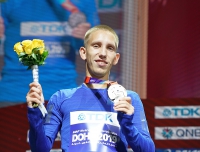 IAAF WORLD ATHLETICS CHAMPIONSHIPS, DOHA 2019. Day 9. 20 KILOMETRES RACE WALK Medal Ceremony. Silver World Medallist is Vasiliy MIZINOV