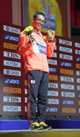 IAAF WORLD ATHLETICS CHAMPIONSHIPS, DOHA 2019. Day 9. 20 KILOMETRES RACE WALK Medal Ceremony. World Champion is Toshikazu YAMANISHI, JPN