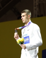 IAAF WORLD ATHLETICS CHAMPIONSHIPS, DOHA 2019. Day 9. High Jump Medal Ceremony. Silver World Medallist is Mikhail Akimenko